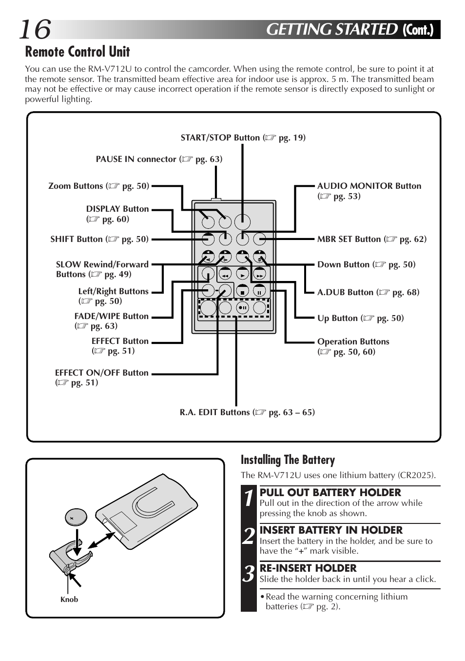 Getting started, Remote control unit, Cont.) | Installing the battery | JVC GR-DVM55 User Manual | Page 16 / 88