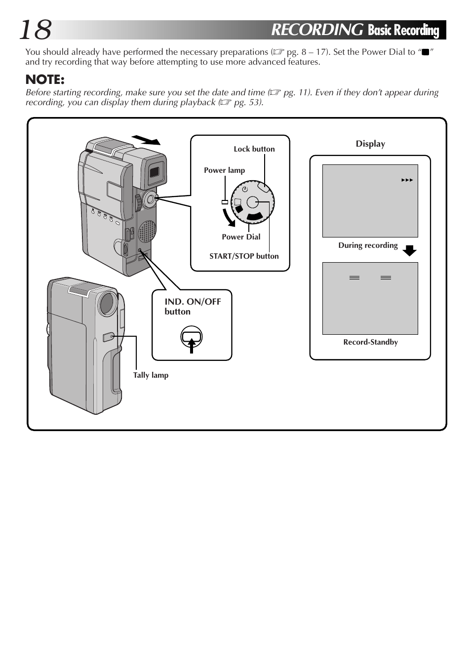 Recording, Basic recording | JVC GR-DVM55 User Manual | Page 18 / 88