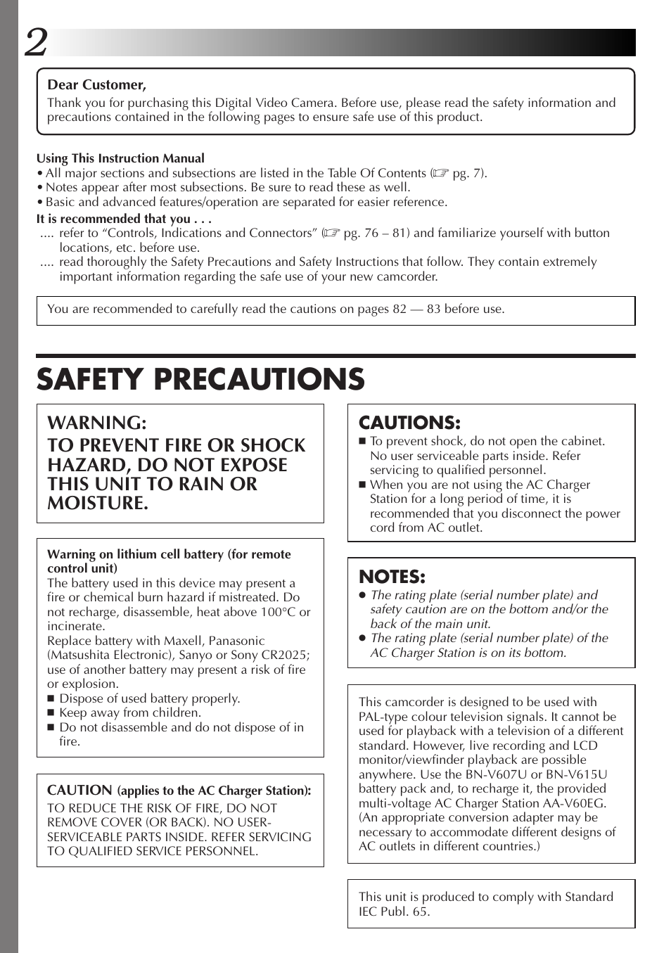 Safety precautions, Cautions | JVC GR-DVM55 User Manual | Page 2 / 88