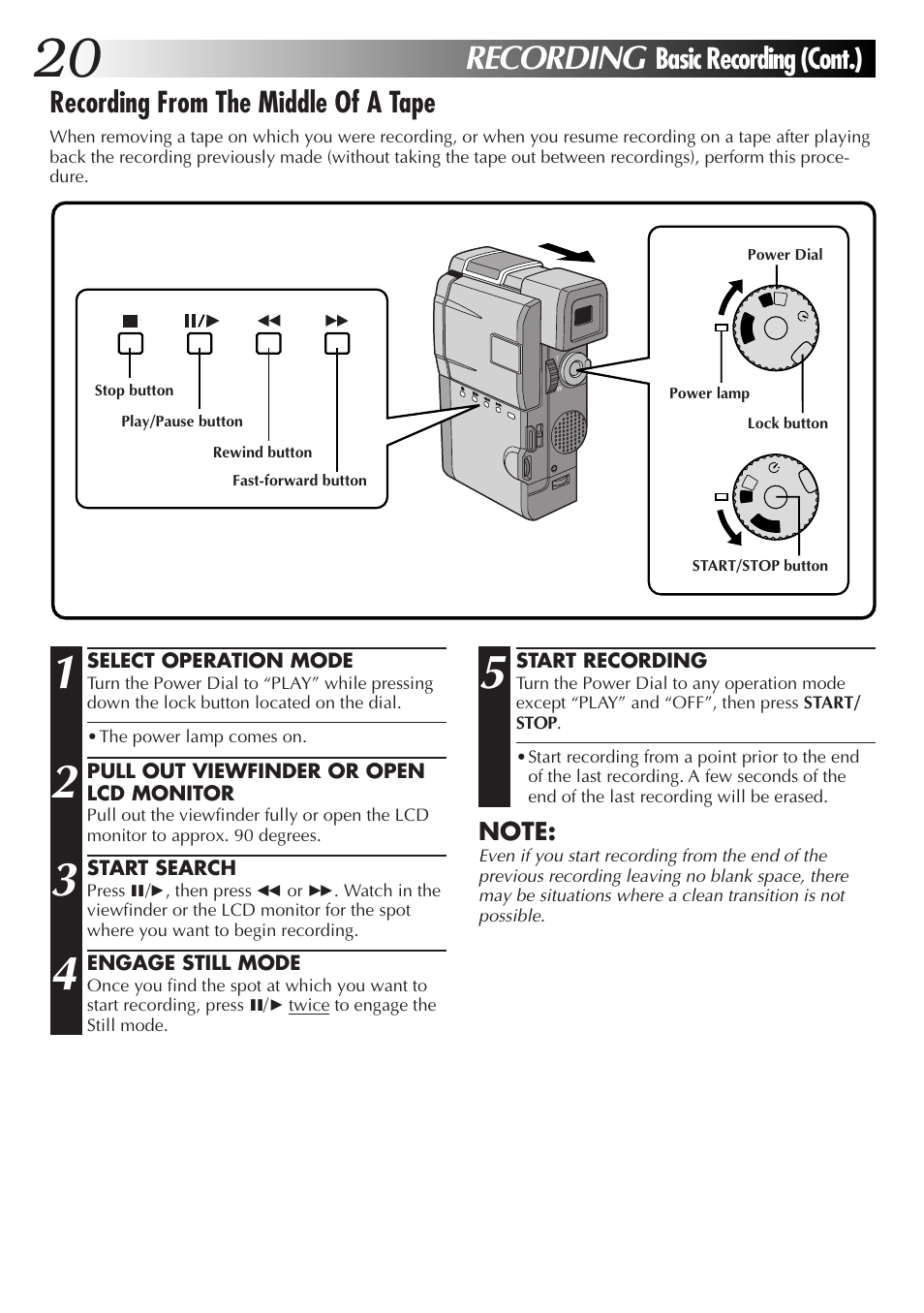 Recording, Recording from the middle of a tape, Basic recording (cont.) | JVC GR-DVM55 User Manual | Page 20 / 88