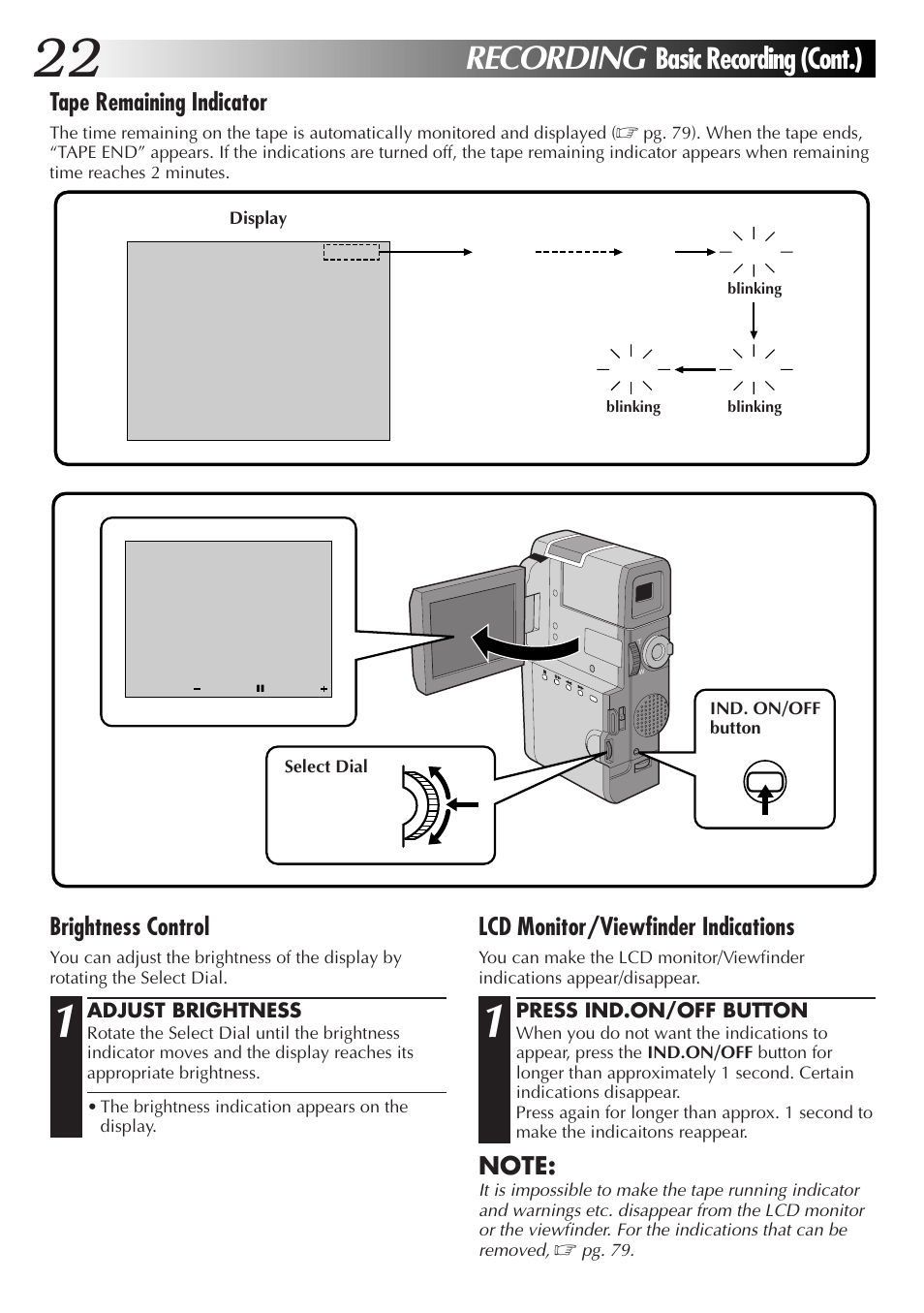Recording, Basic recording (cont.), Lcd monitor/viewfinder indications | Brightness control, Tape remaining indicator | JVC GR-DVM55 User Manual | Page 22 / 88