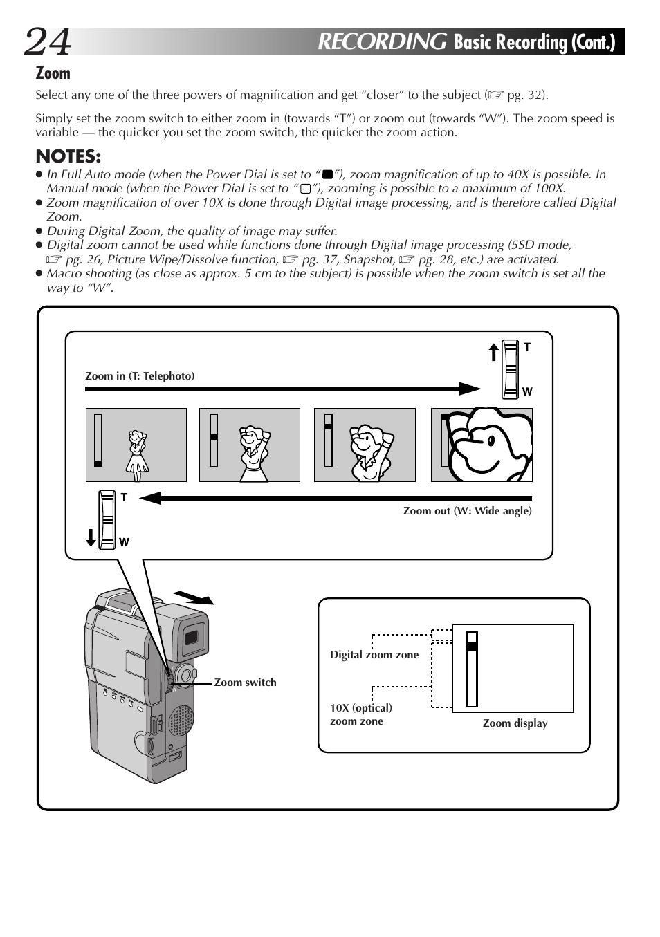 Recording, Basic recording (cont.), Zoom | JVC GR-DVM55 User Manual | Page 24 / 88