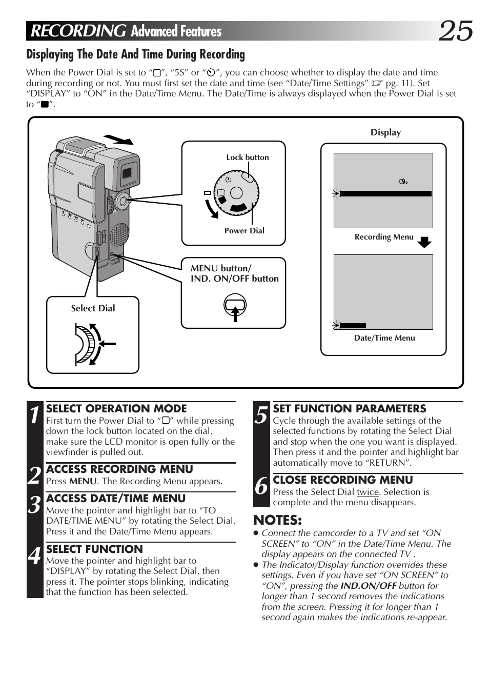 Recording, Advanced features, Displaying the date and time during recording | JVC GR-DVM55 User Manual | Page 25 / 88