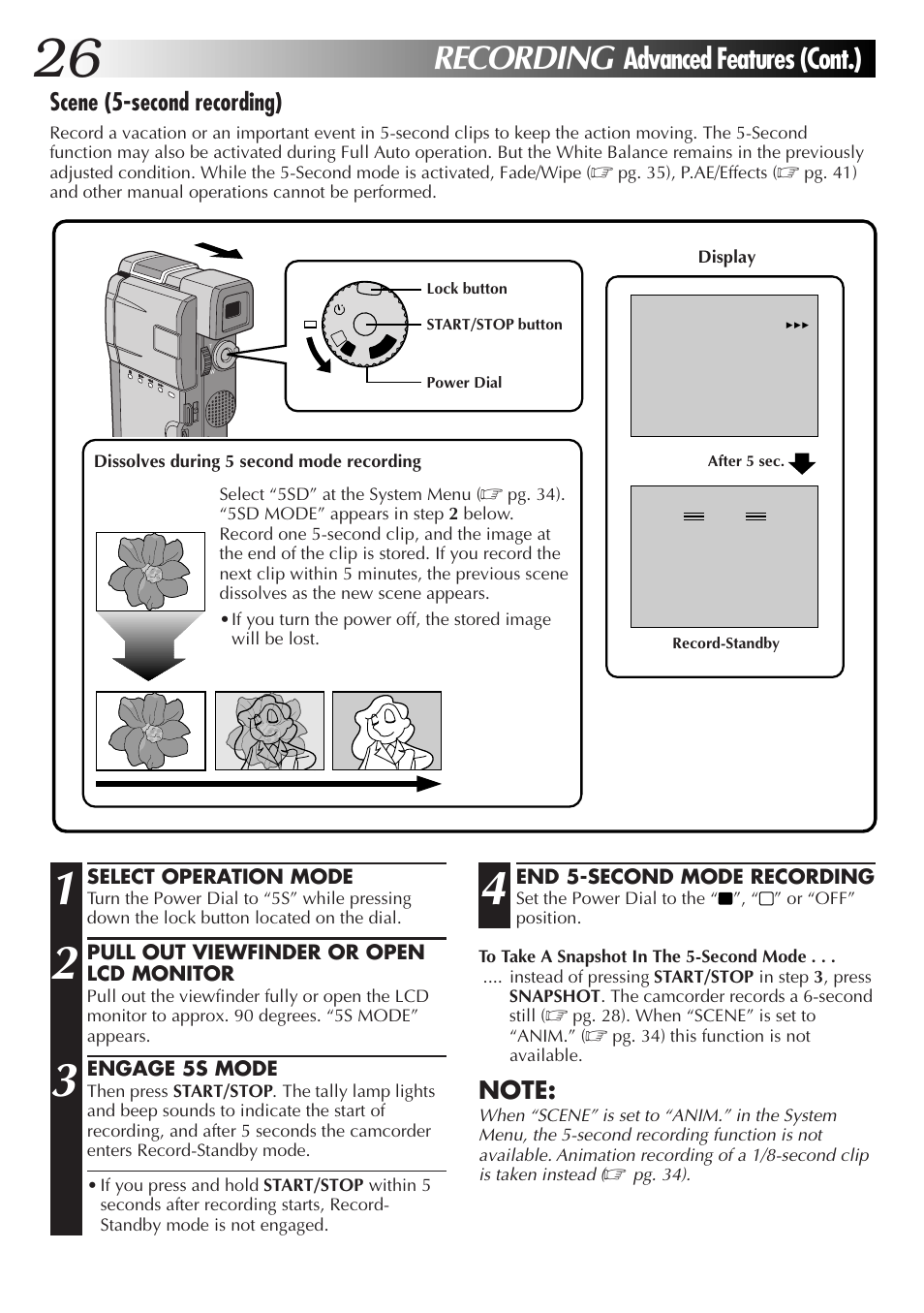 Recording, Advanced features (cont.), Scene (5-second recording) | JVC GR-DVM55 User Manual | Page 26 / 88