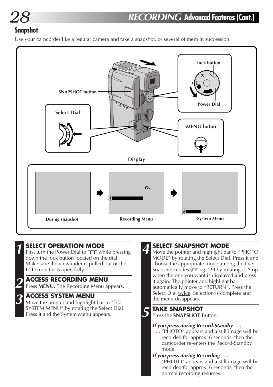 Recording, Advanced features (cont.), Snapshot | JVC GR-DVM55 User Manual | Page 28 / 88