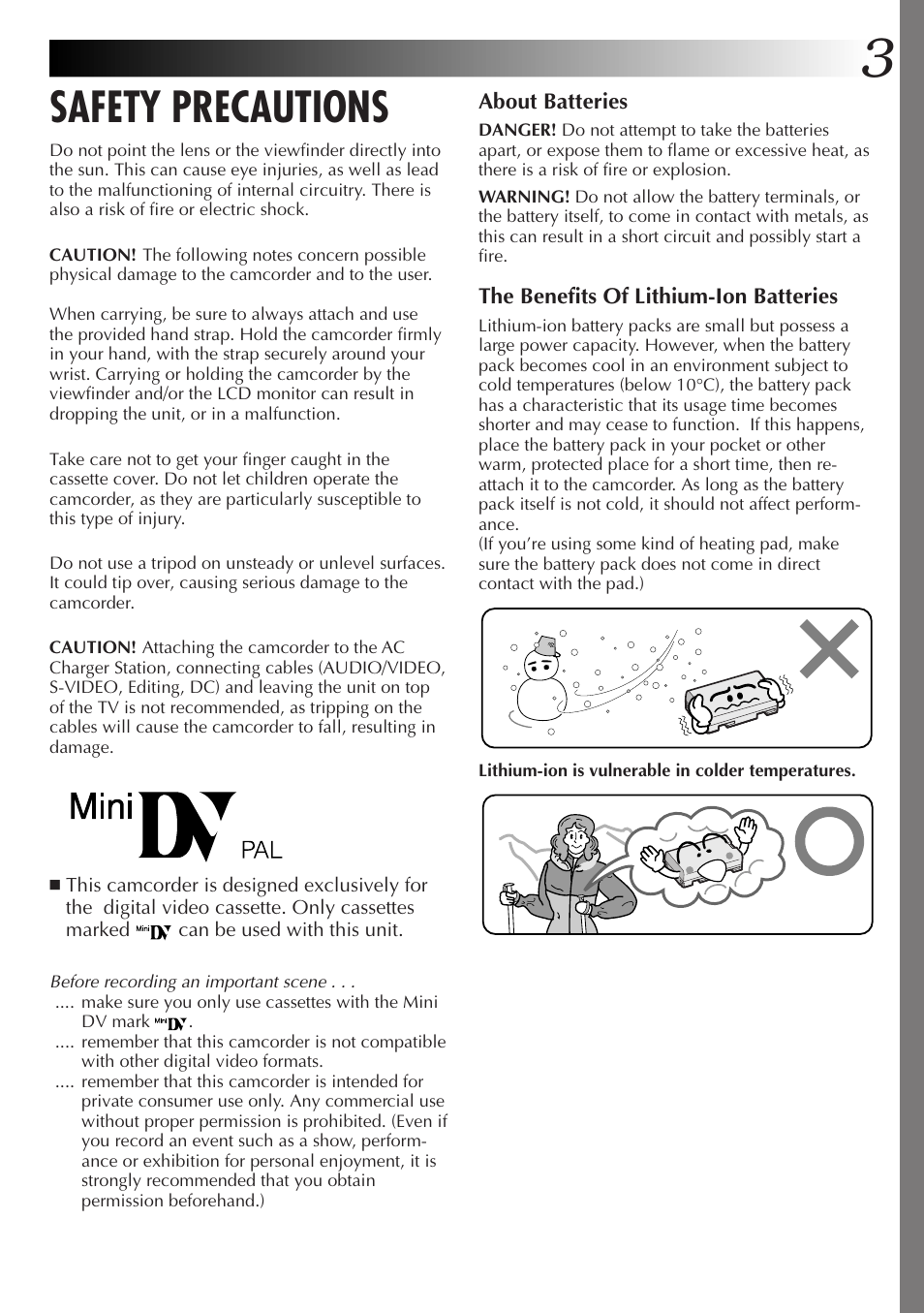 Safety precautions | JVC GR-DVM55 User Manual | Page 3 / 88