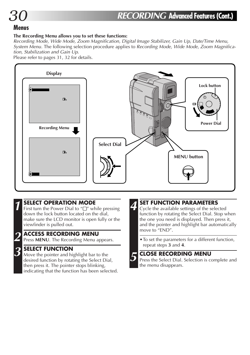 Recording, Advanced features (cont.), Menus | JVC GR-DVM55 User Manual | Page 30 / 88
