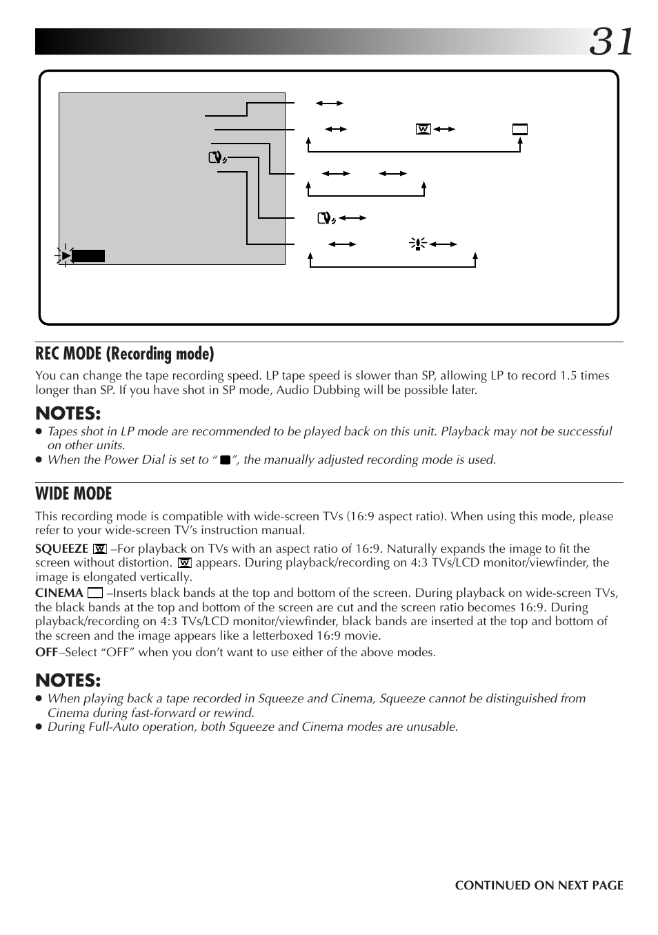 Rec mode (recording mode), Wide mode | JVC GR-DVM55 User Manual | Page 31 / 88