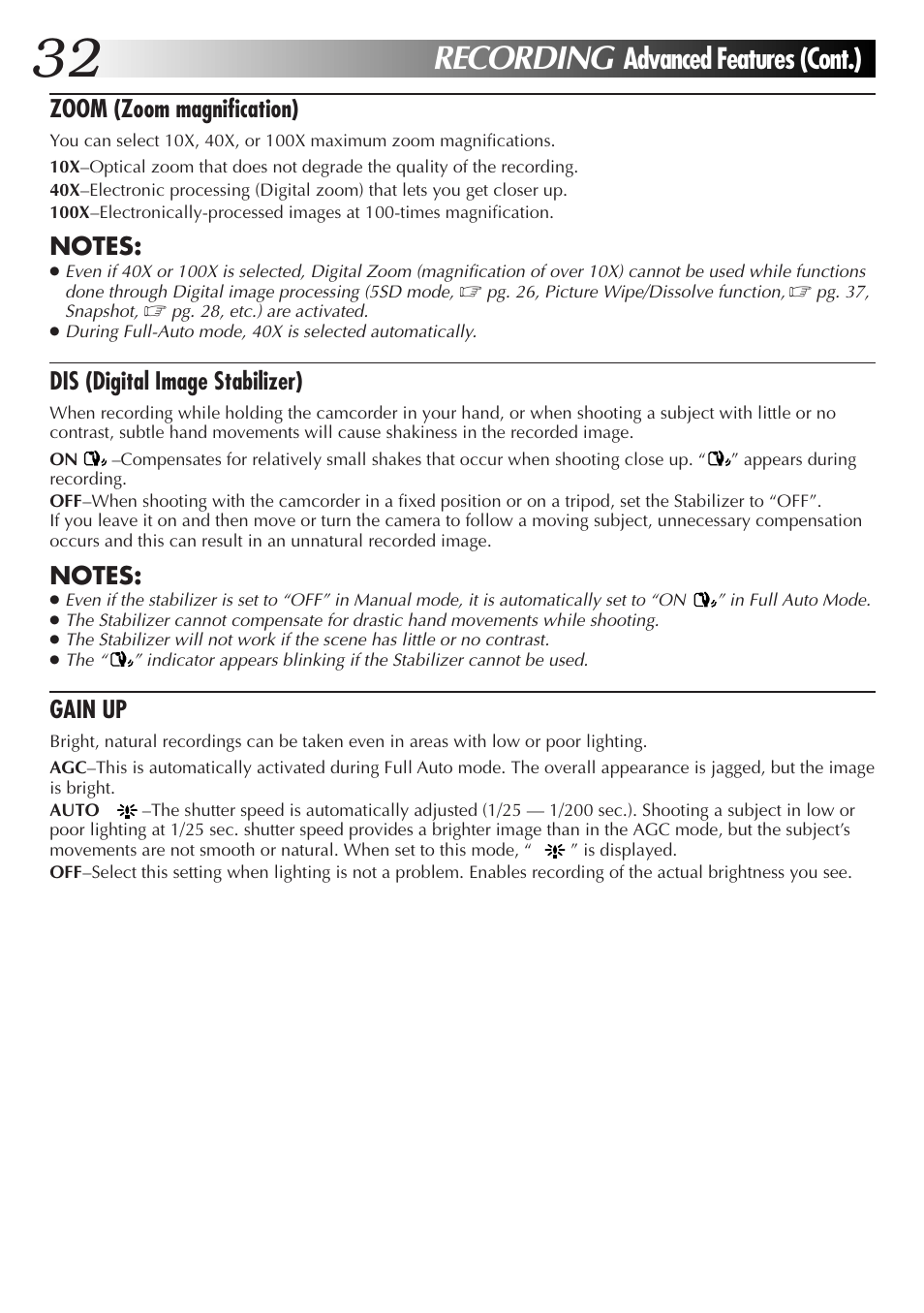 Recording, Advanced features (cont.), Zoom (zoom magnification) | Dis (digital image stabilizer), Gain up | JVC GR-DVM55 User Manual | Page 32 / 88