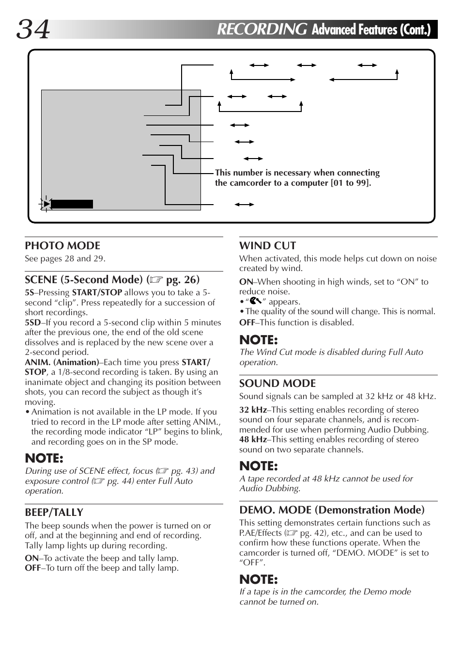 Recording, Advanced features (cont.) | JVC GR-DVM55 User Manual | Page 34 / 88