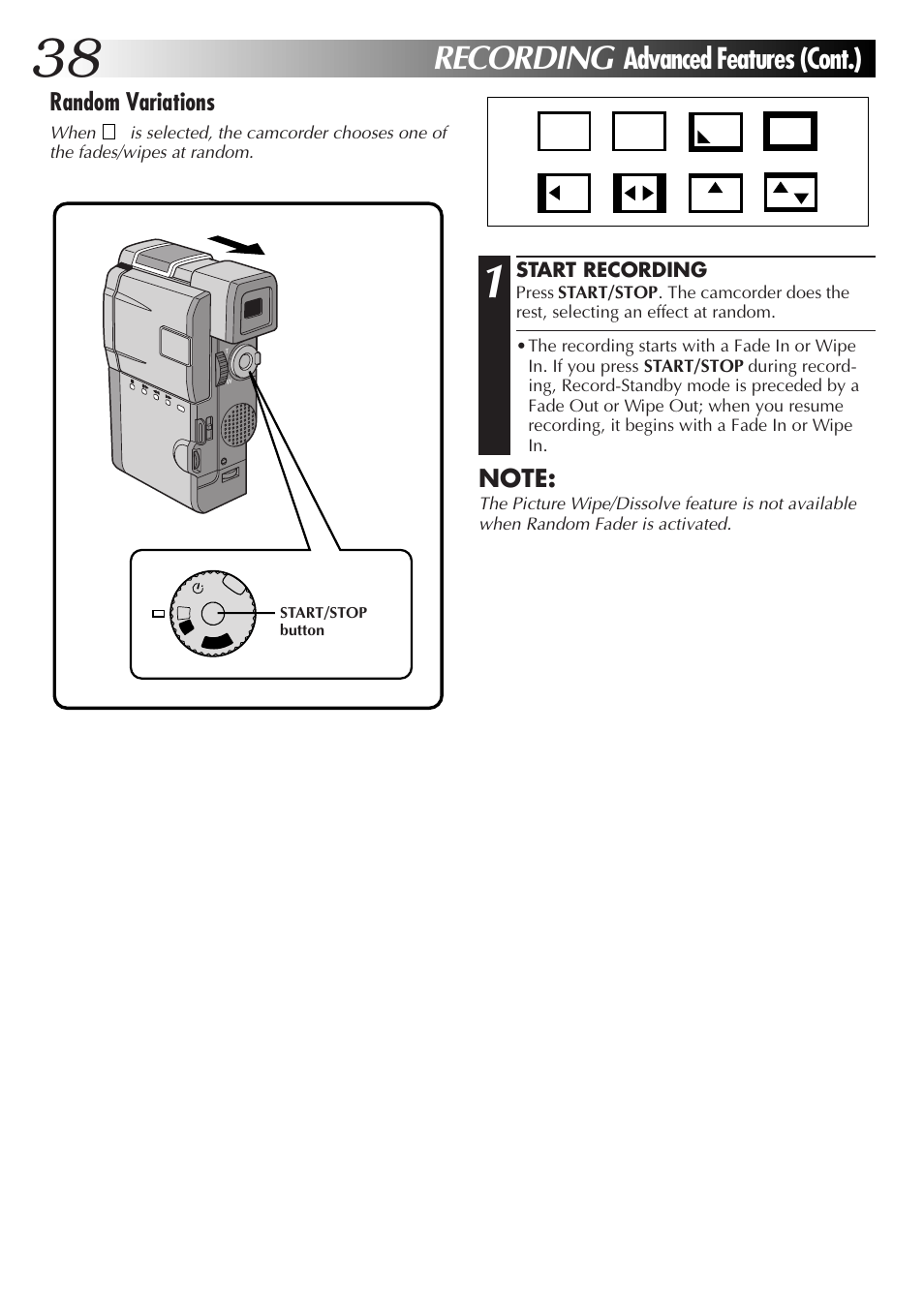 Recording, Advanced features (cont.) | JVC GR-DVM55 User Manual | Page 38 / 88