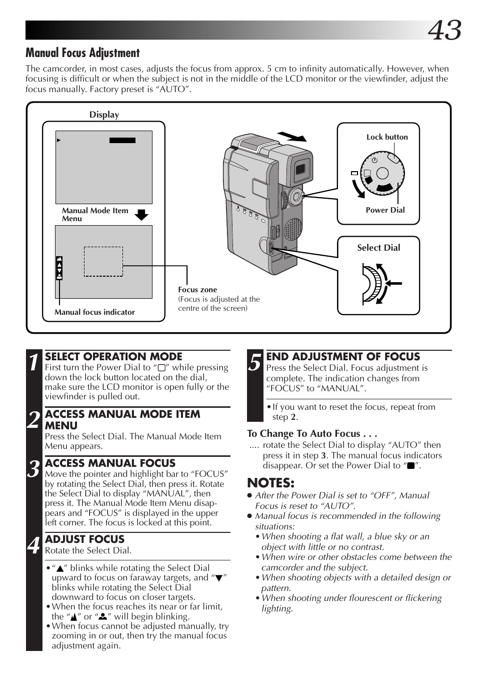 Manual focus adjustment | JVC GR-DVM55 User Manual | Page 43 / 88