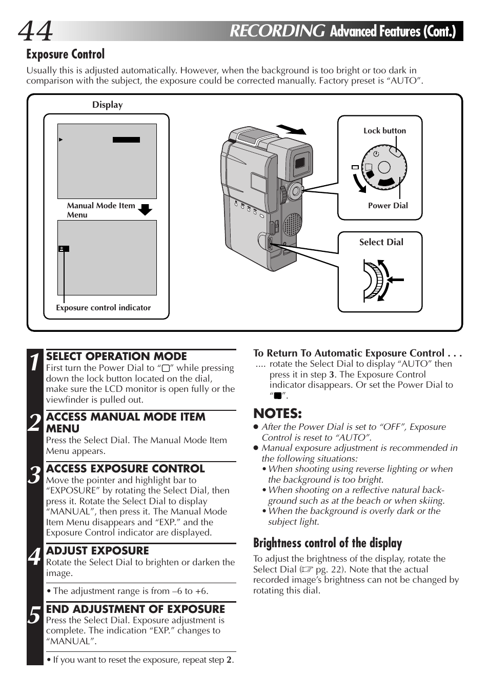Recording, Advanced features (cont.), Exposure control | Brightness control of the display | JVC GR-DVM55 User Manual | Page 44 / 88