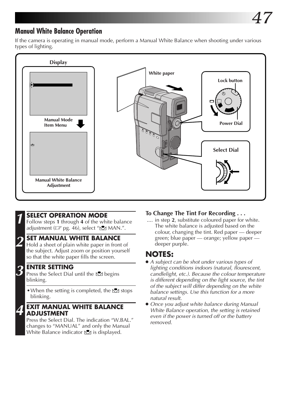 Manual white balance operation | JVC GR-DVM55 User Manual | Page 47 / 88