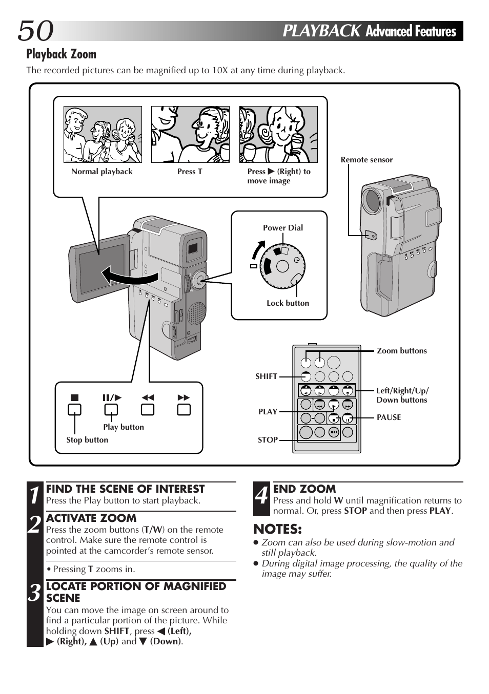 Playback, Advanced features, Playback zoom | JVC GR-DVM55 User Manual | Page 50 / 88