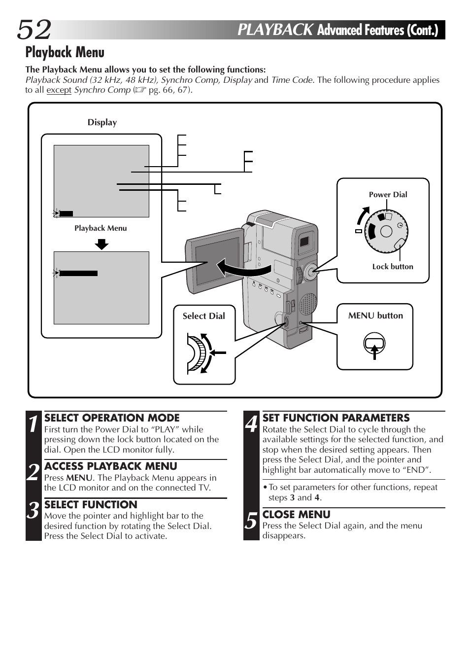 Playback, Advanced features (cont.), Playback menu | JVC GR-DVM55 User Manual | Page 52 / 88