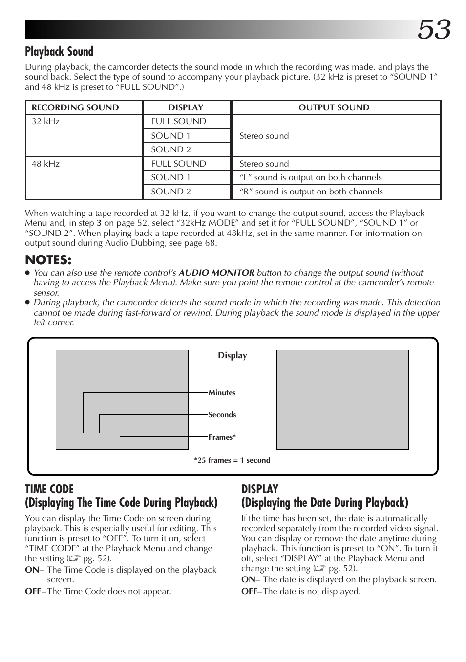 Playback sound, Display (displaying the date during playback) | JVC GR-DVM55 User Manual | Page 53 / 88