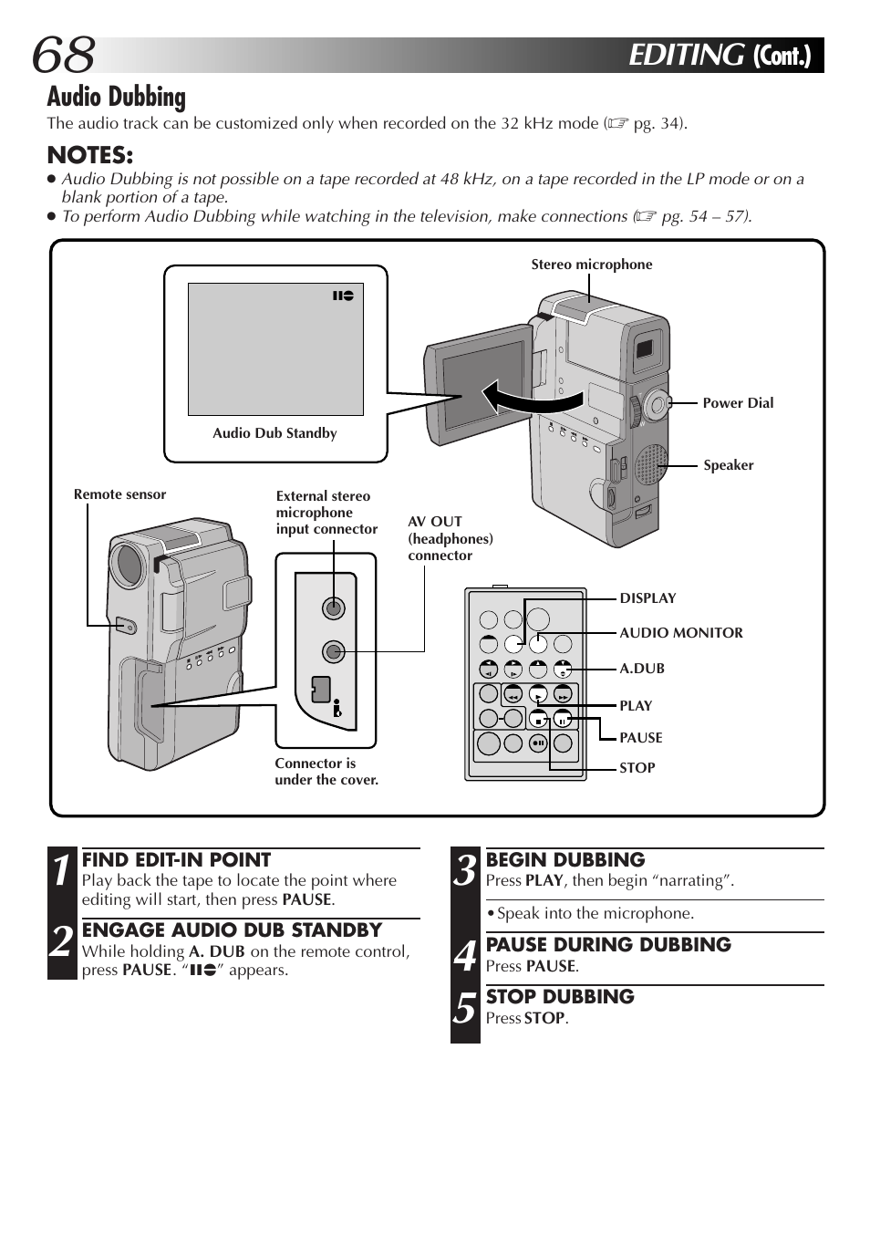 Editing, Audio dubbing, Cont.) | JVC GR-DVM55 User Manual | Page 68 / 88