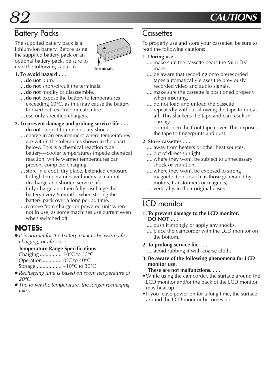 Cautions, Cassettes, Lcd monitor | Battery packs | JVC GR-DVM55 User Manual | Page 82 / 88