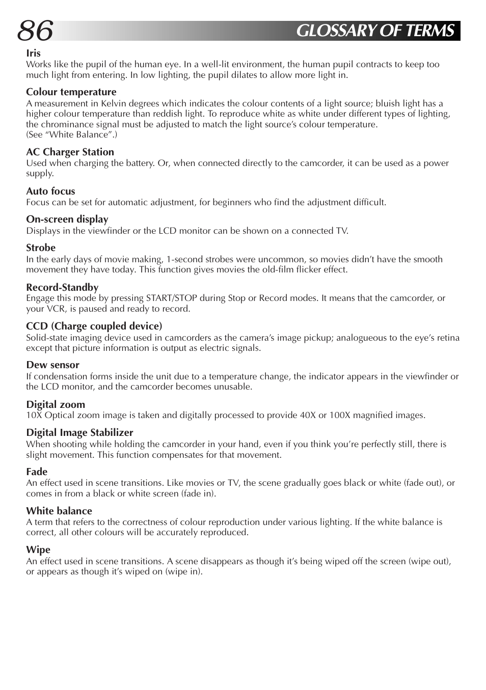 Glossary of terms | JVC GR-DVM55 User Manual | Page 86 / 88