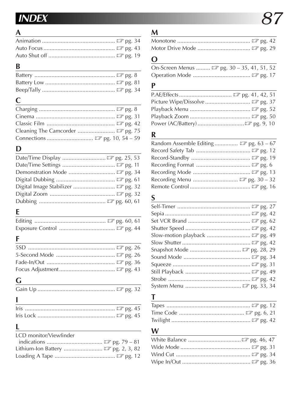 Index | JVC GR-DVM55 User Manual | Page 87 / 88