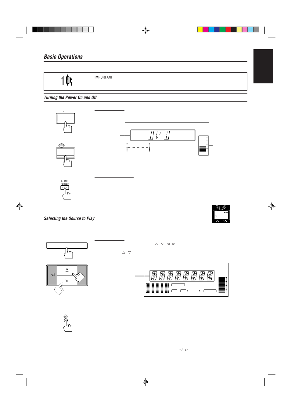 Basic operations, English, Turning the power on and off | Selecting the source to play, Page 12 | JVC RX-80PGD User Manual | Page 15 / 56