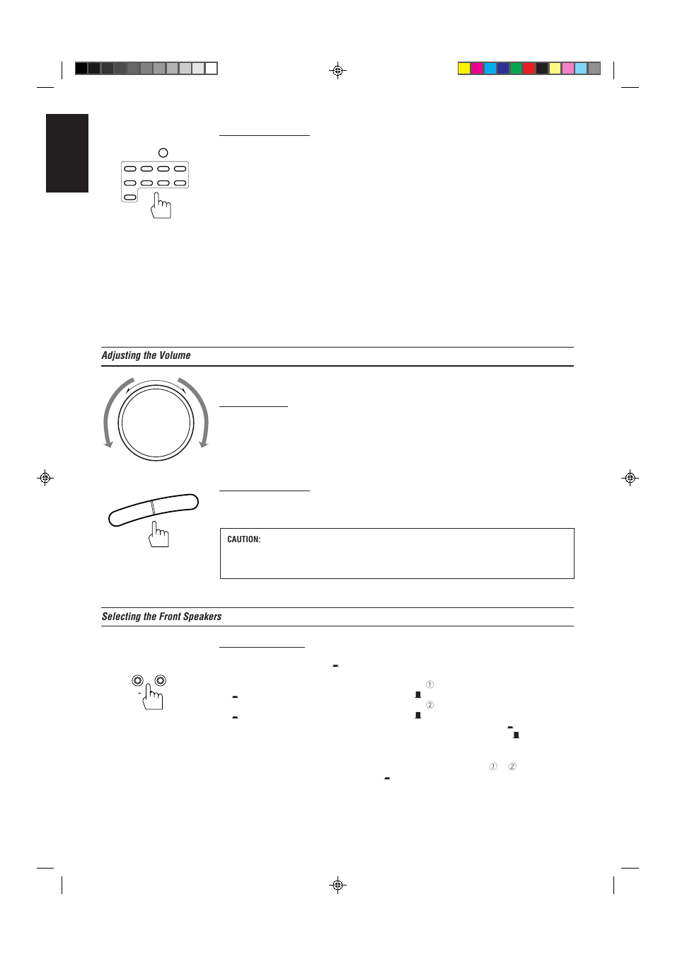 English, Adjusting the volume, Selecting the front speakers | JVC RX-80PGD User Manual | Page 16 / 56