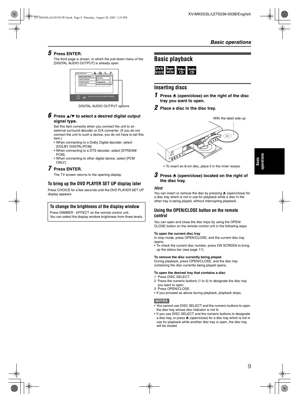 Basic playback, Inserting discs, Basic operations | JVC XV-MK5GSL User Manual | Page 11 / 46
