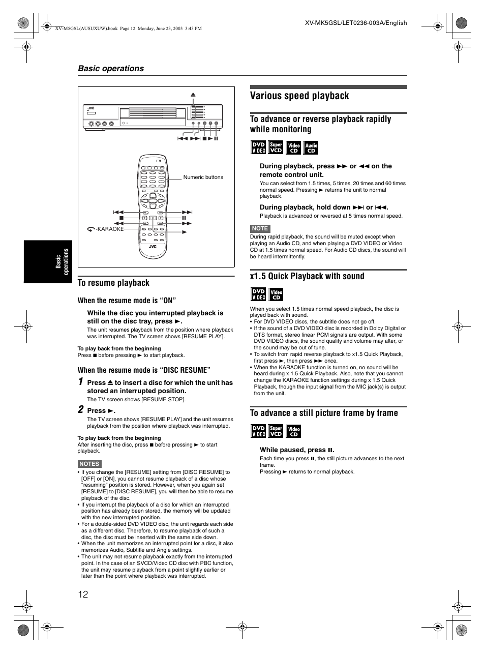 Various speed playback, X1.5 quick playback with sound, Basic operations | JVC XV-MK5GSL User Manual | Page 14 / 46