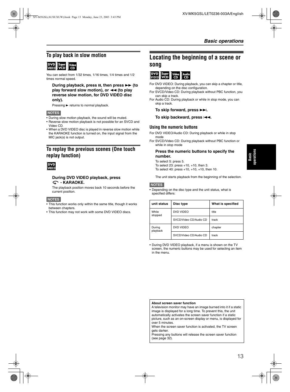Locating the beginning of a scene or song, Basic operations | JVC XV-MK5GSL User Manual | Page 15 / 46