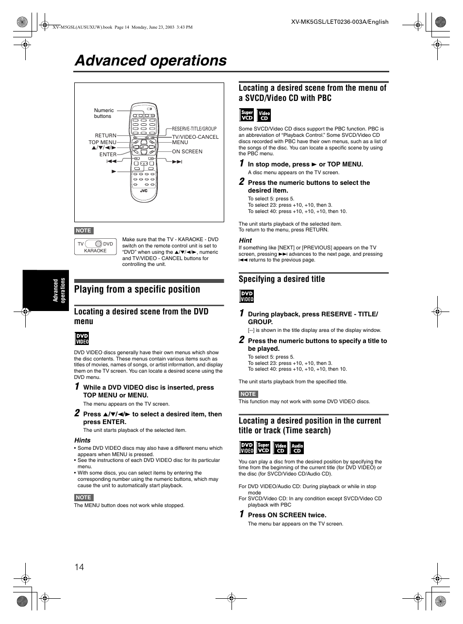 Advanced operations, Playing from a specific position, Locating a desired scene from the dvd menu | Specifying a desired title | JVC XV-MK5GSL User Manual | Page 16 / 46