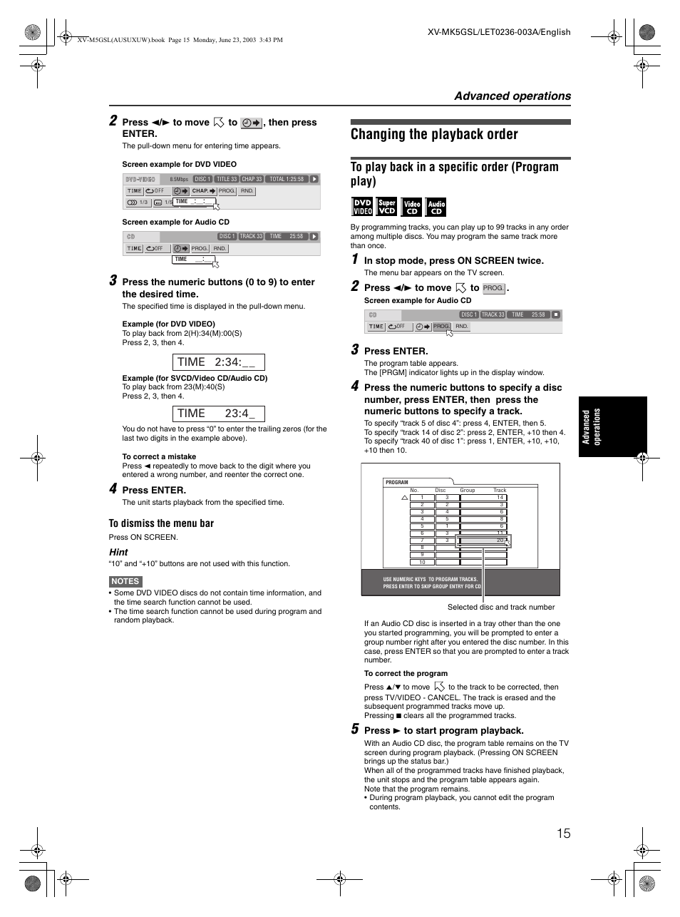 Changing the playback order, Advanced operations | JVC XV-MK5GSL User Manual | Page 17 / 46