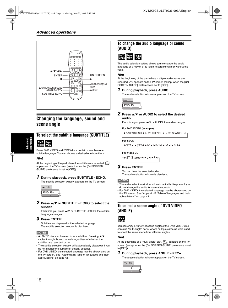 Changing the language, sound and scene angle, Advanced operations | JVC XV-MK5GSL User Manual | Page 20 / 46