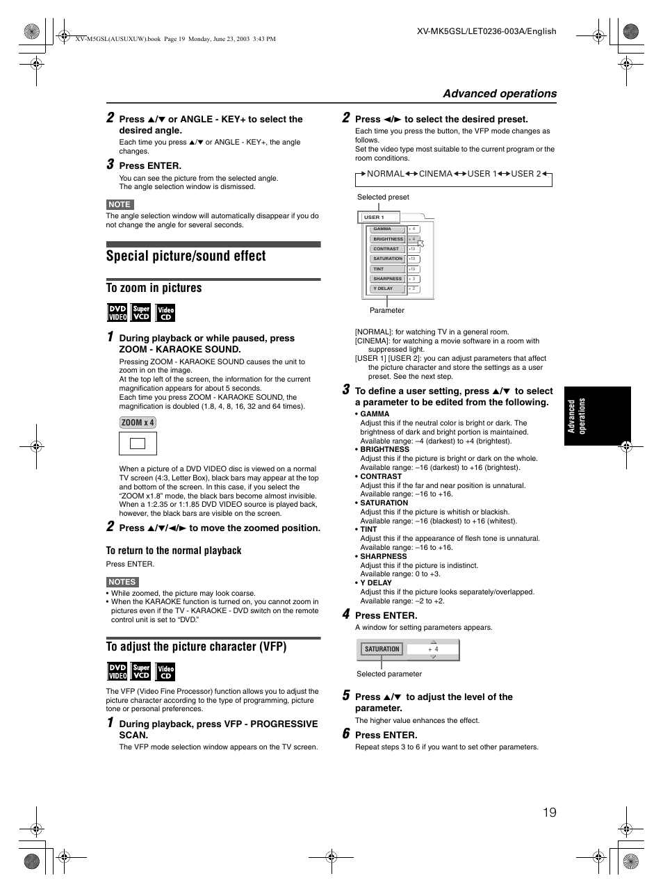 Special picture/sound effect, Advanced operations | JVC XV-MK5GSL User Manual | Page 21 / 46