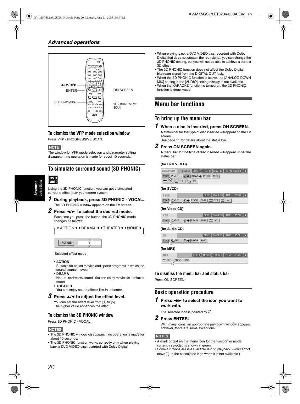 Menu bar functions, Basic operation procedure, Advanced operations | JVC XV-MK5GSL User Manual | Page 22 / 46