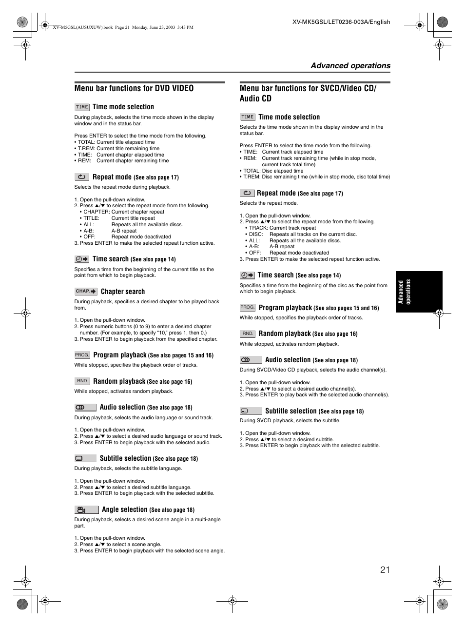 Menu bar functions for dvd video, Menu bar functions for svcd/video cd/ audio cd, Advanced operations | JVC XV-MK5GSL User Manual | Page 23 / 46