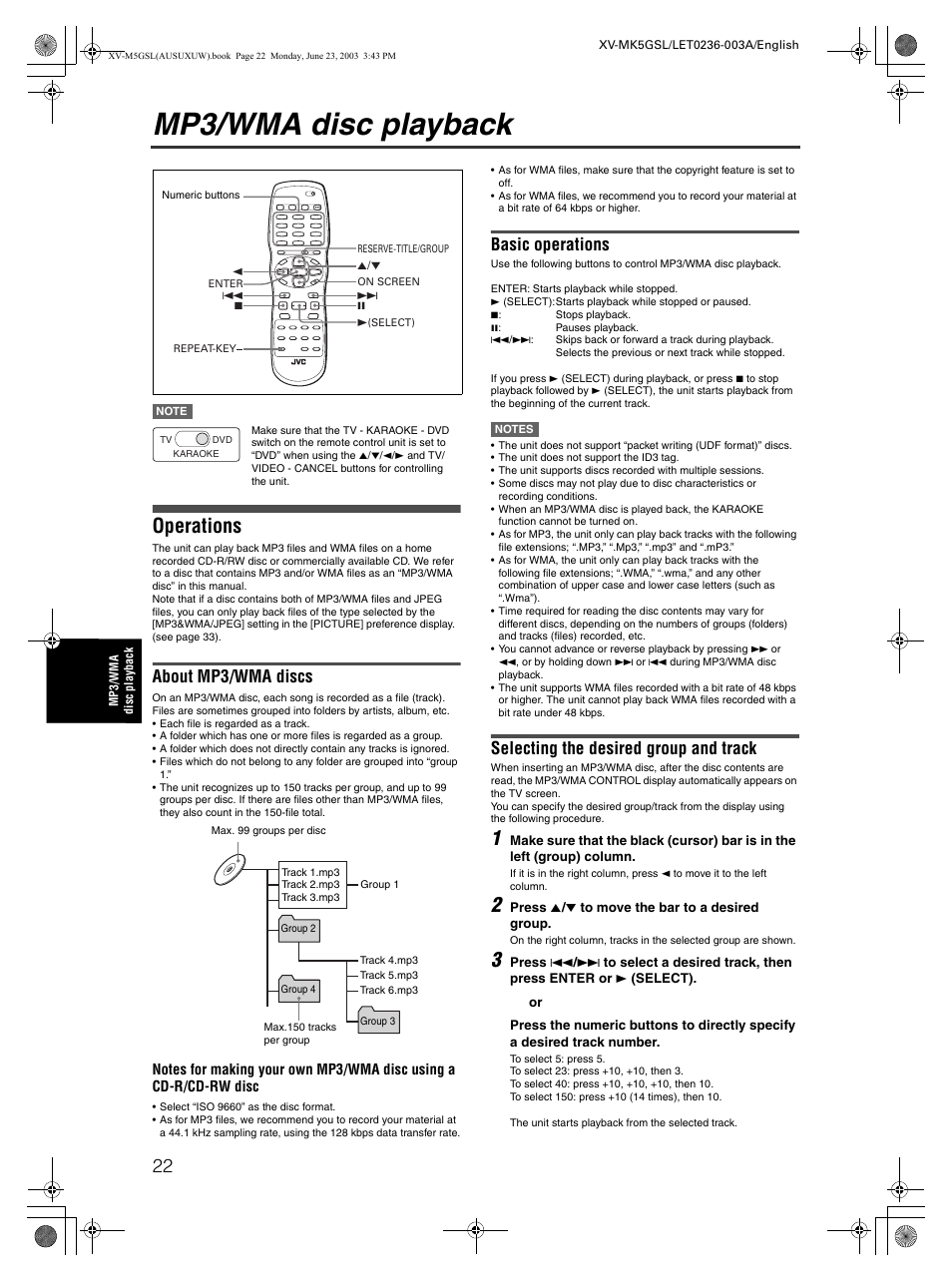 Mp3/wma disc playback, Operations, About mp3/wma discs | Basic operations, Selecting the desired group and track | JVC XV-MK5GSL User Manual | Page 24 / 46
