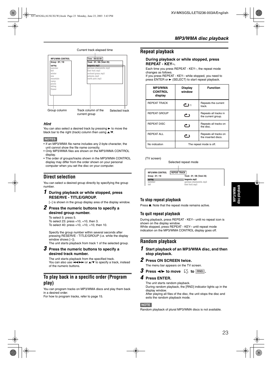 Direct selection, Repeat playback, Random playback | Mp3/wma disc playback | JVC XV-MK5GSL User Manual | Page 25 / 46