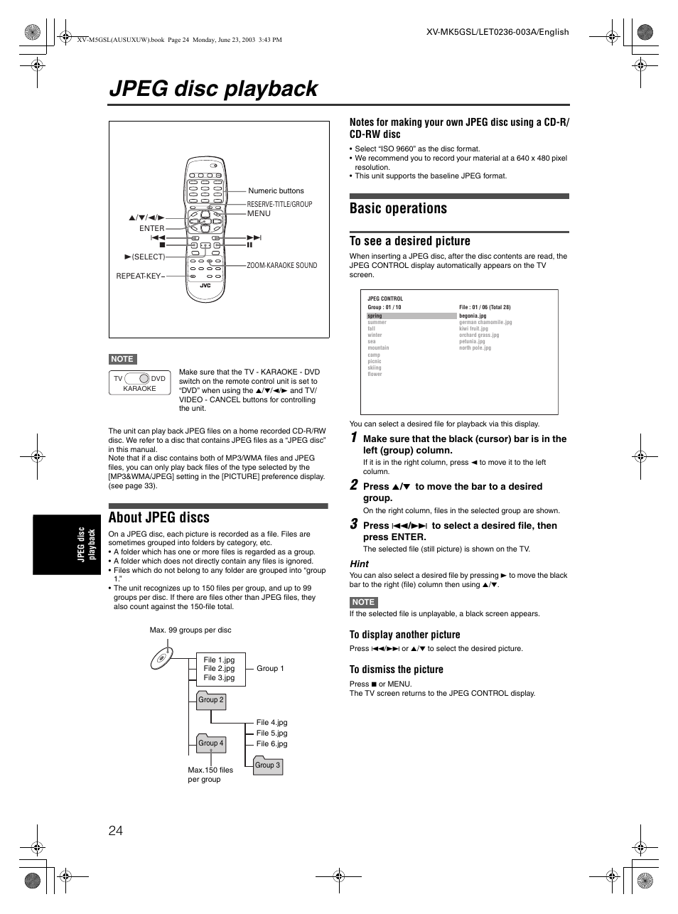 Jpeg disc playback, About jpeg discs, Basic operations | JVC XV-MK5GSL User Manual | Page 26 / 46