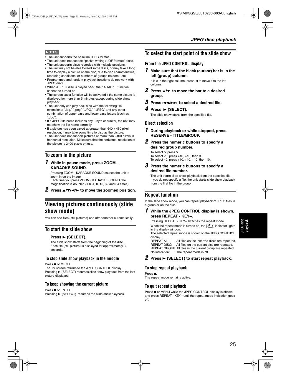 Viewing pictures continuously (slide show mode), Repeat function, Jpeg disc playback | JVC XV-MK5GSL User Manual | Page 27 / 46