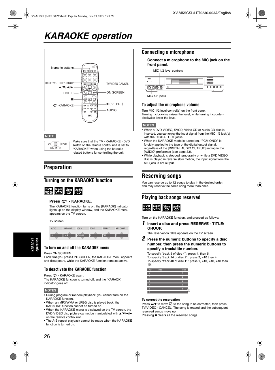Karaoke operation, Preparation, Reserving songs | Turning on the karaoke function, Connecting a microphone, Playing back songs reserved | JVC XV-MK5GSL User Manual | Page 28 / 46