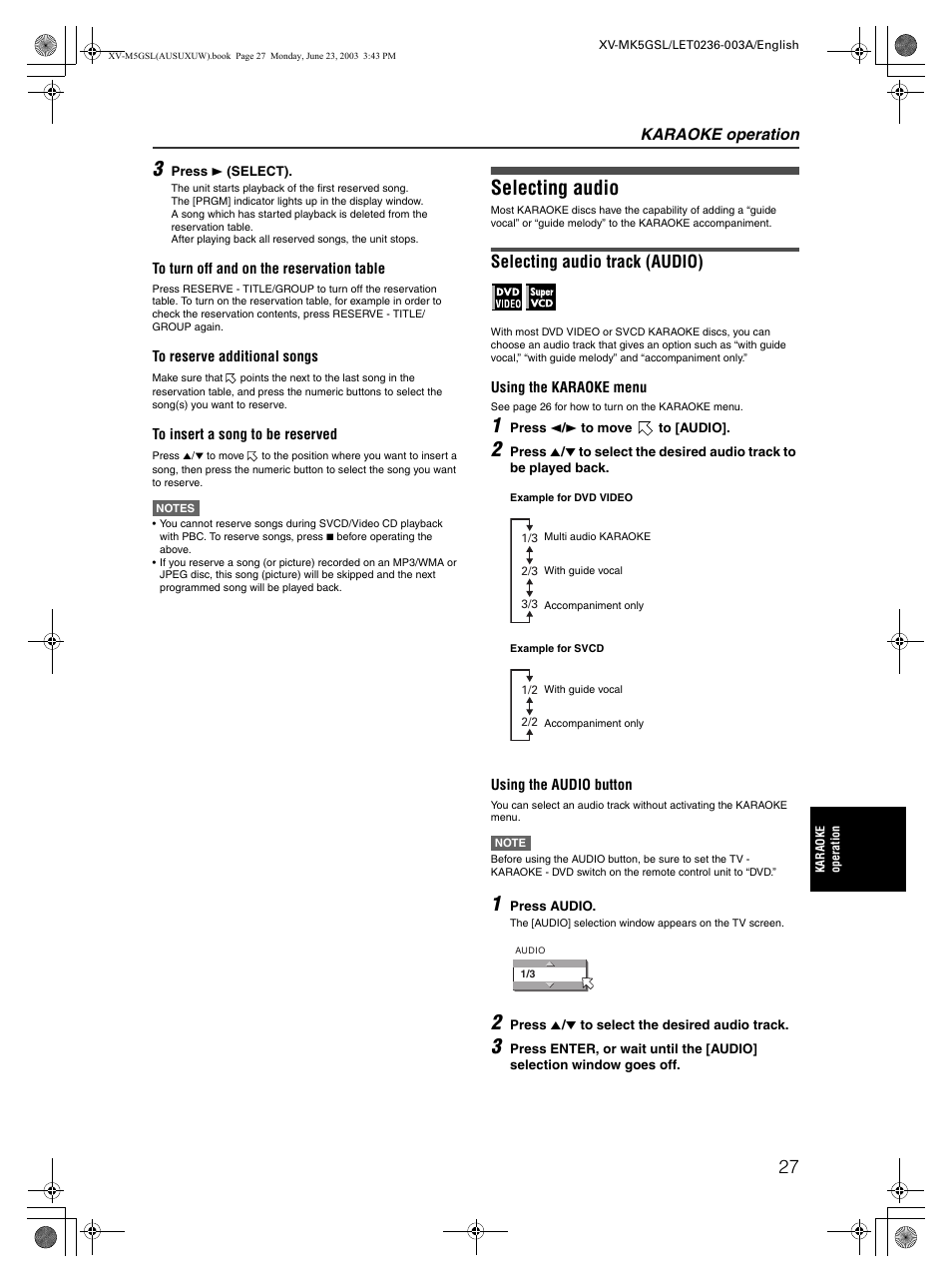 Selecting audio, Selecting audio track (audio), Karaoke operation | JVC XV-MK5GSL User Manual | Page 29 / 46