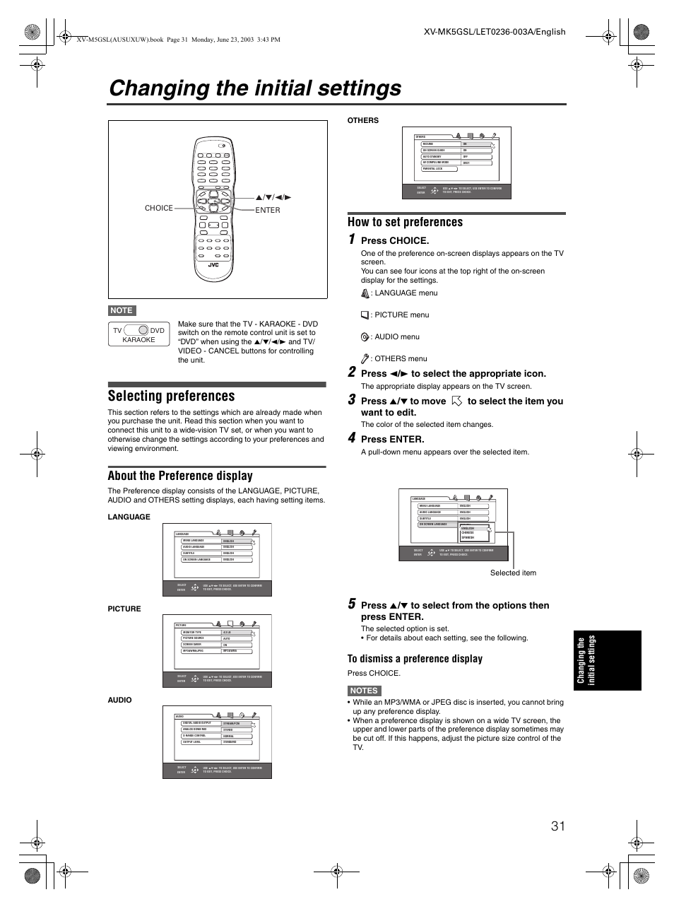 Changing the initial settings, Selecting preferences, About the preference display | How to set preferences, Press choice, Press 2 / 3 to select the appropriate icon, Press enter | JVC XV-MK5GSL User Manual | Page 33 / 46