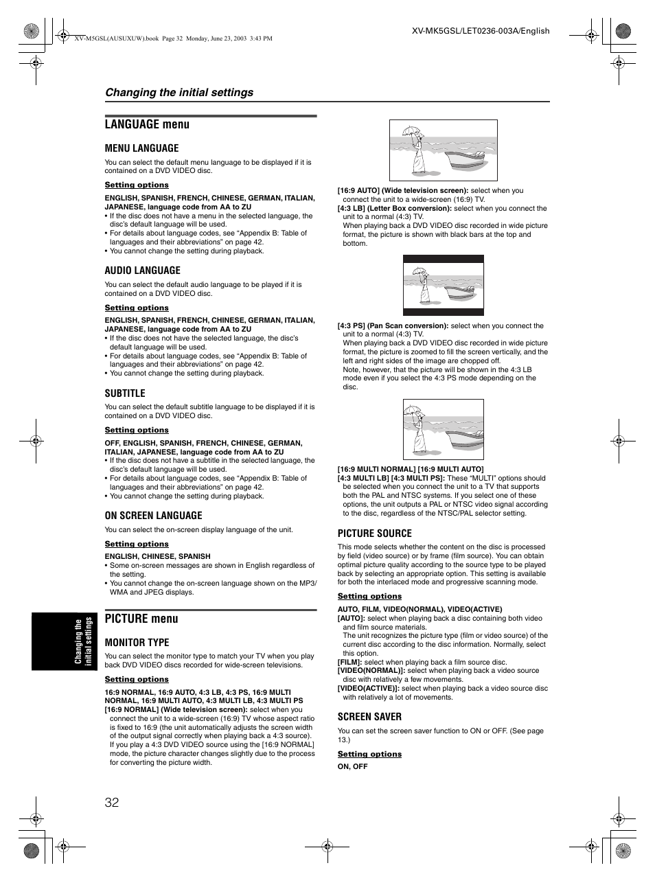 Language menu, Picture menu, Changing the initial settings | JVC XV-MK5GSL User Manual | Page 34 / 46