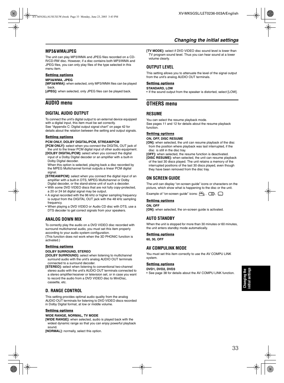 Audio menu, Others menu, Changing the initial settings | JVC XV-MK5GSL User Manual | Page 35 / 46