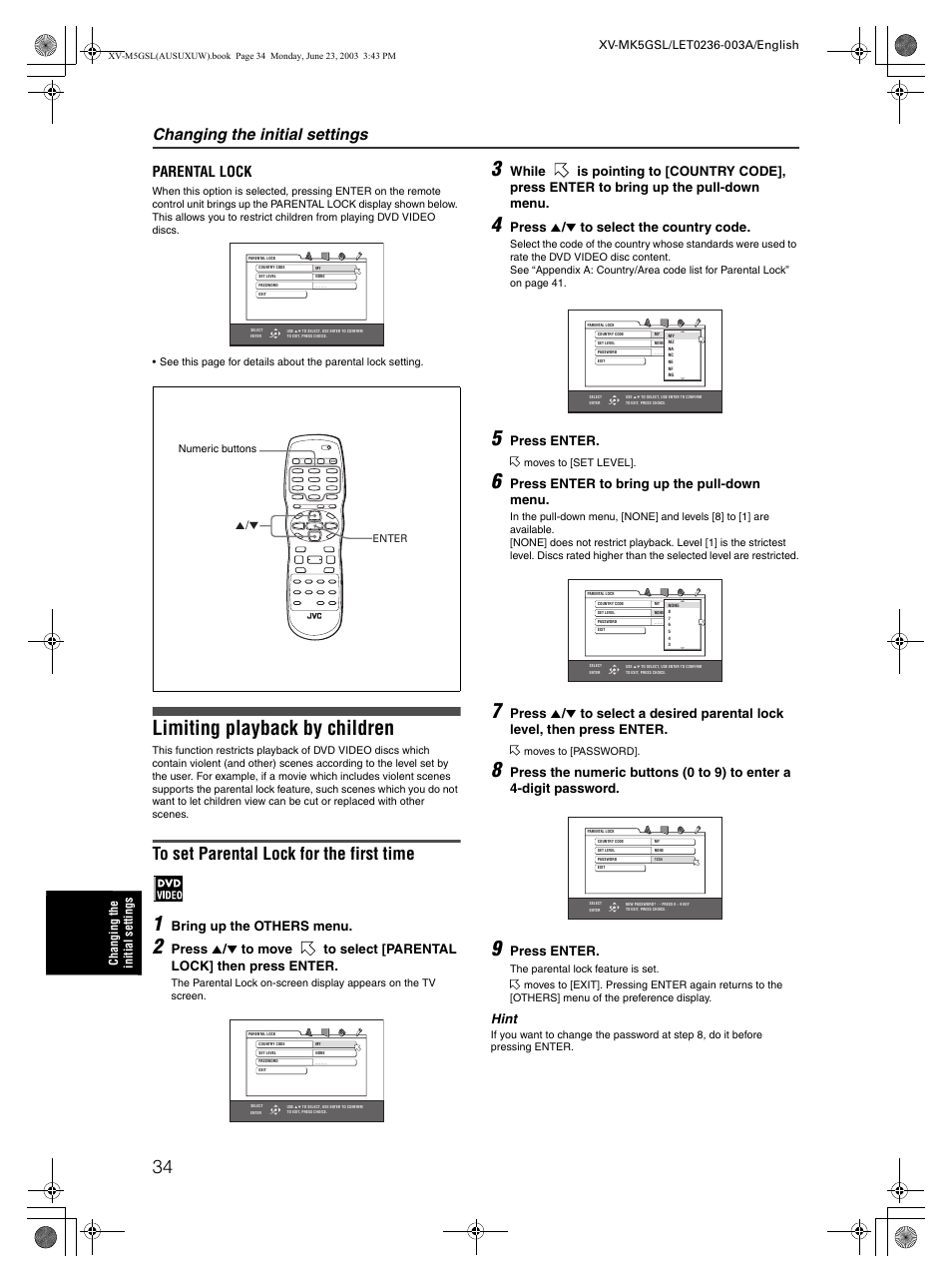 Limiting playback by children, Changing the initial settings, Parental lock | Bring up the others menu, Press 5 / ∞ to select the country code, Press enter, Press enter to bring up the pull-down menu, Hint | JVC XV-MK5GSL User Manual | Page 36 / 46