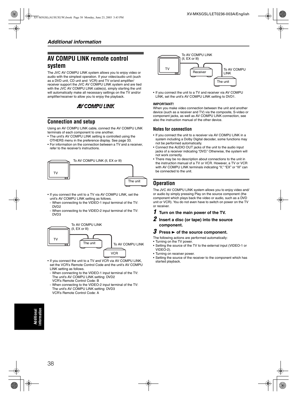 Av compu link remote control system, Connection and setup, Operation | Additional information | JVC XV-MK5GSL User Manual | Page 40 / 46