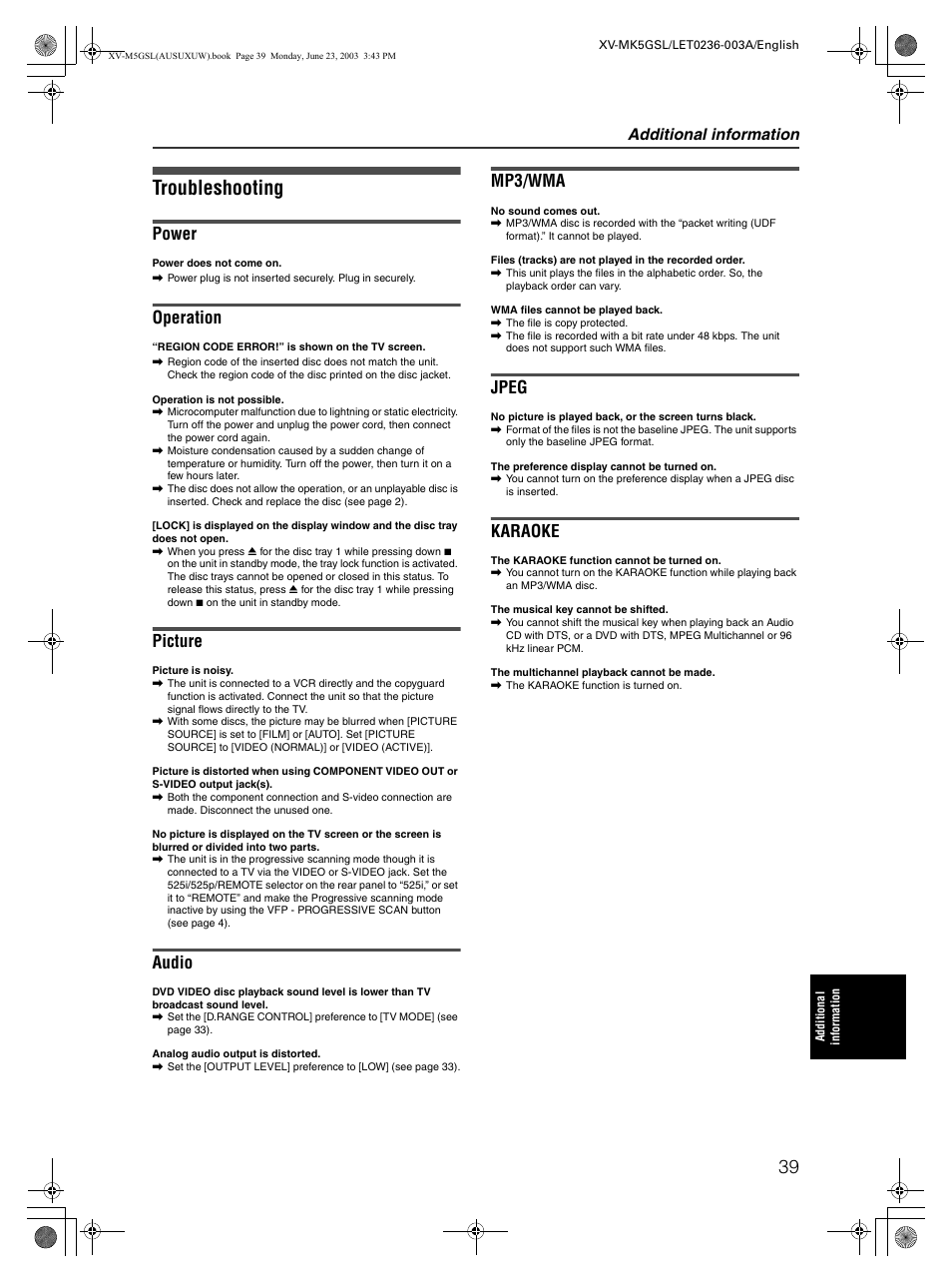 Troubleshooting, Power, Operation | Picture, Audio, Mp3/wma, Jpeg, Karaoke, Additional information | JVC XV-MK5GSL User Manual | Page 41 / 46