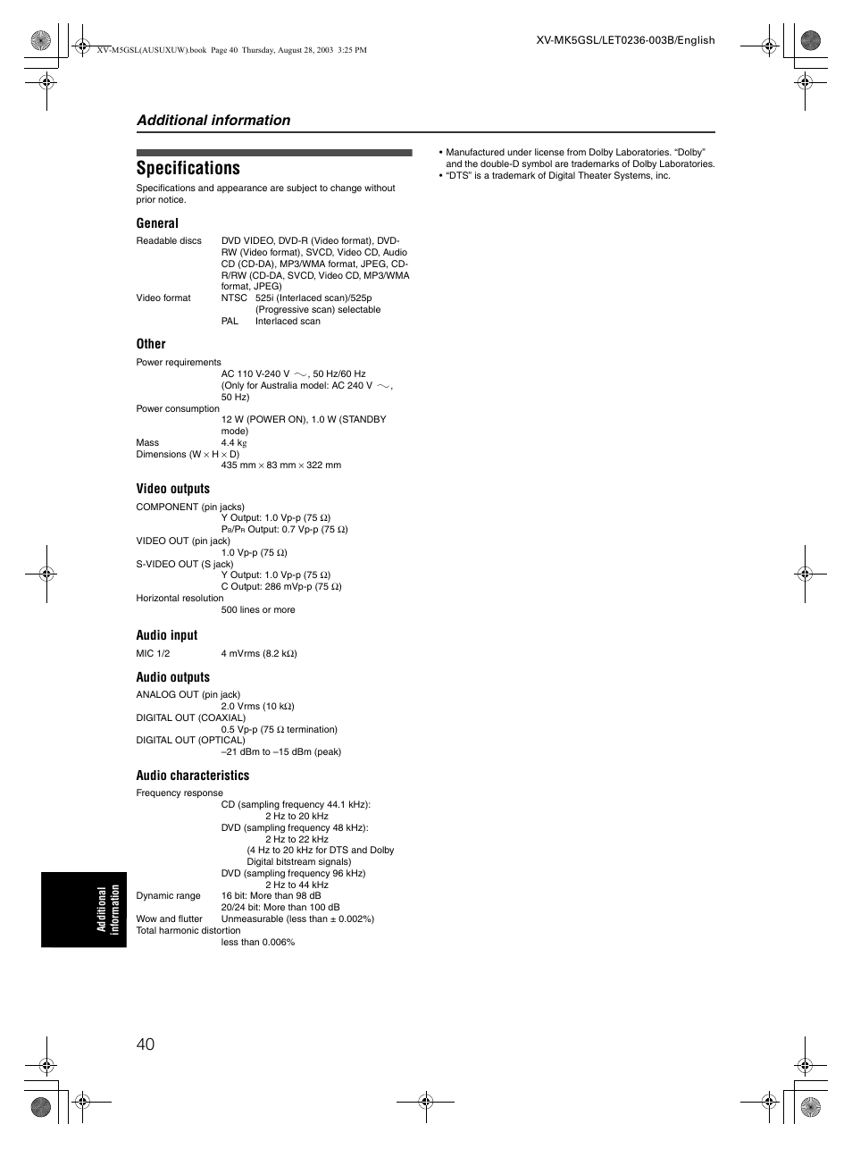 Specifications, Additional information | JVC XV-MK5GSL User Manual | Page 42 / 46