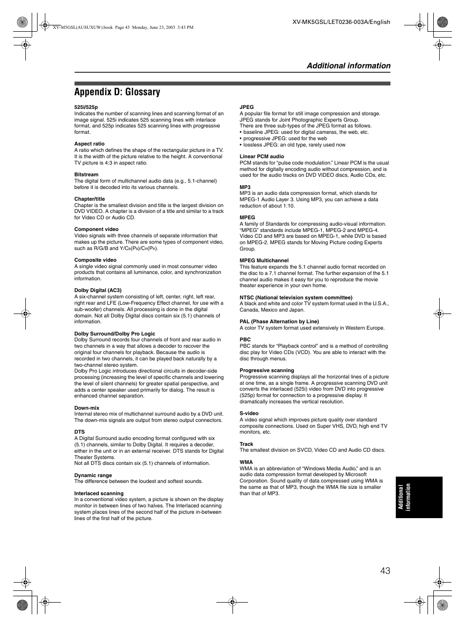 Appendix d: glossary, Additional information | JVC XV-MK5GSL User Manual | Page 45 / 46